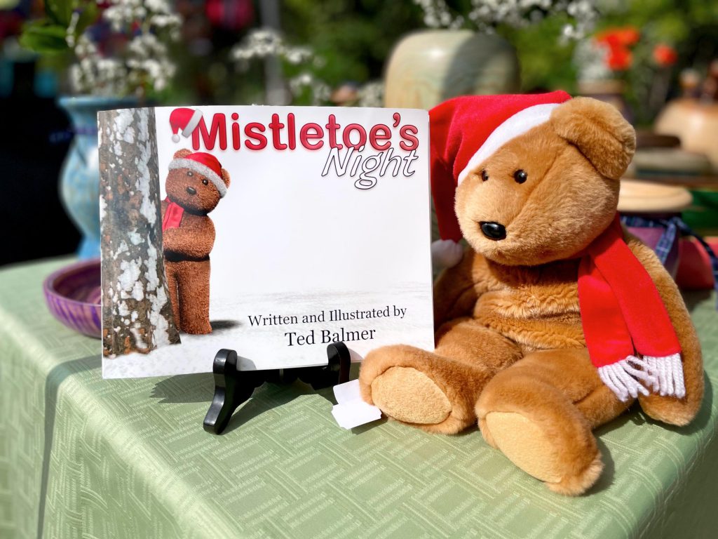 Mistletoe's Night book and teddy bear on a table at a faire