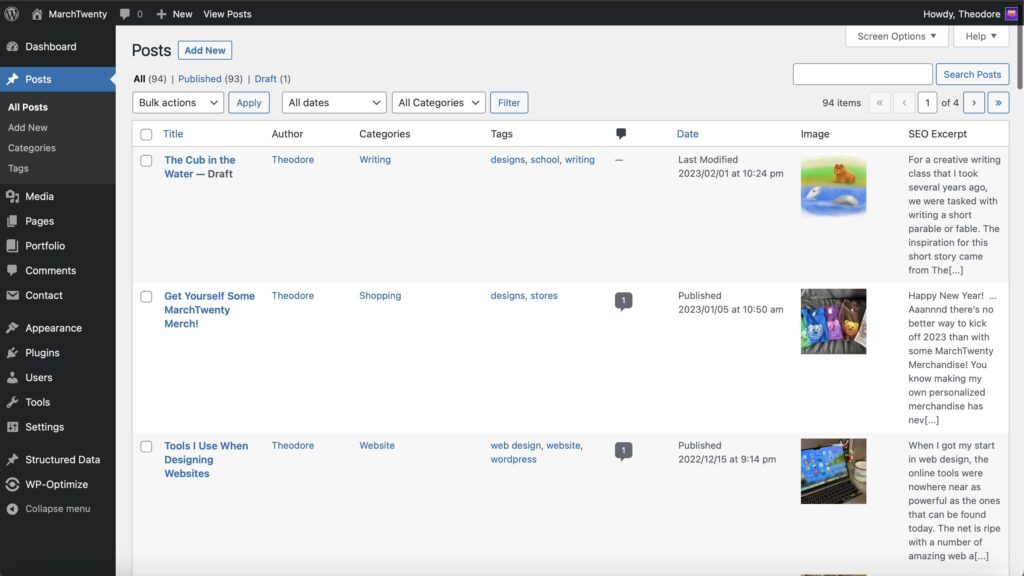 A screenshot of the WordPress posts dashboard