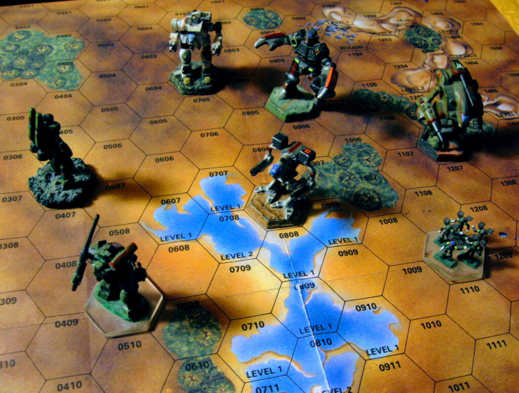 Battletech miniatures on a mapsheet