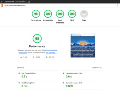 Screenshot of Marchtwenty.com Google Lighthouse insights
