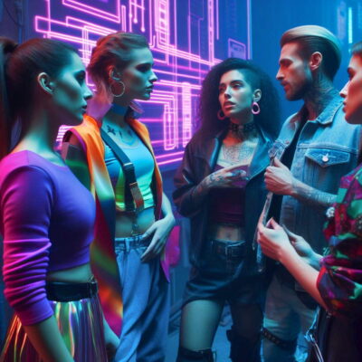 An AI generated Cyberpunk scene with five people talking