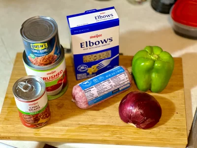 A collection of ingredients used to make Chili Mac
